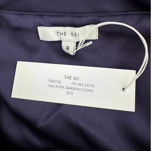 THE SEI Silk Asymmetrical Bandeau One-shoulder Cut Out Gown Fig Purple size 8 - Picture 9 of 11
